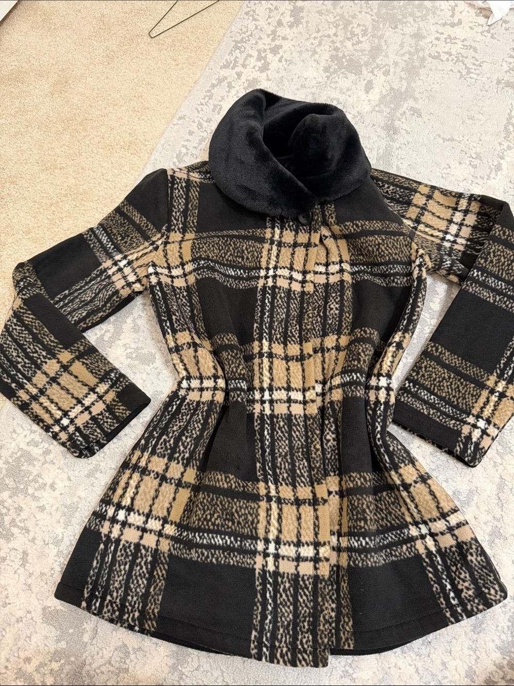 Plaid Black and Tan Women's Pea Coat with Faux Fur Collar